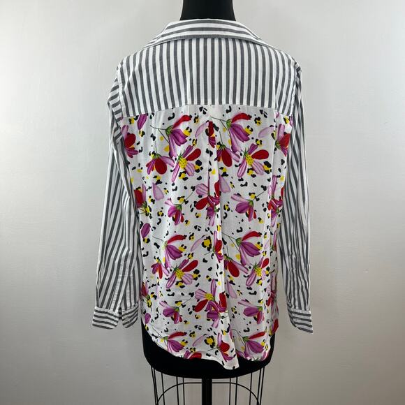 TOLANI Gray White Stripe Button-Up Tunic Top Multicolor Floral Long Sleeve XXS - Picture 5 of 9